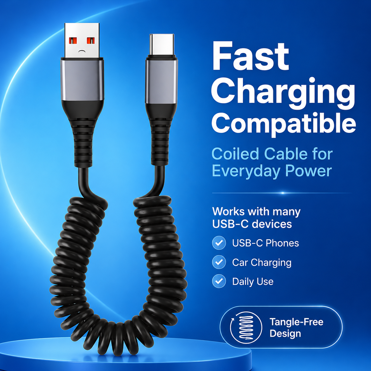 Tangle-Free Coiled Fast Charging Cable for Car & CarPlay