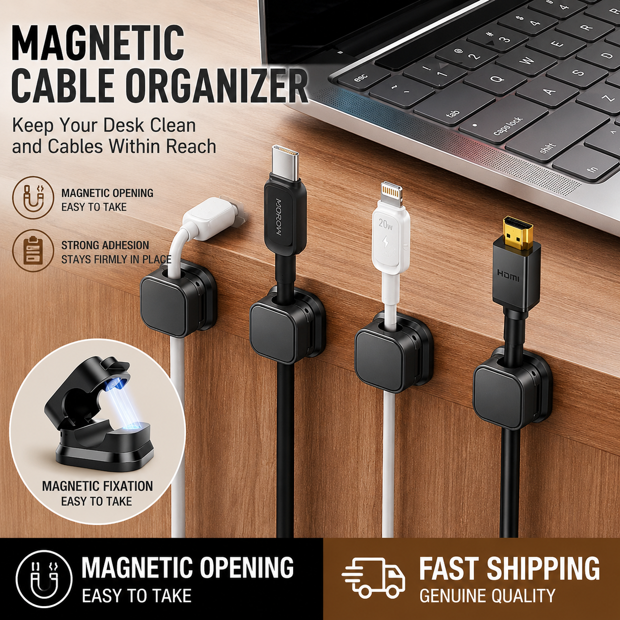 Magnetic Cable Organizer Clip for Desk & Car