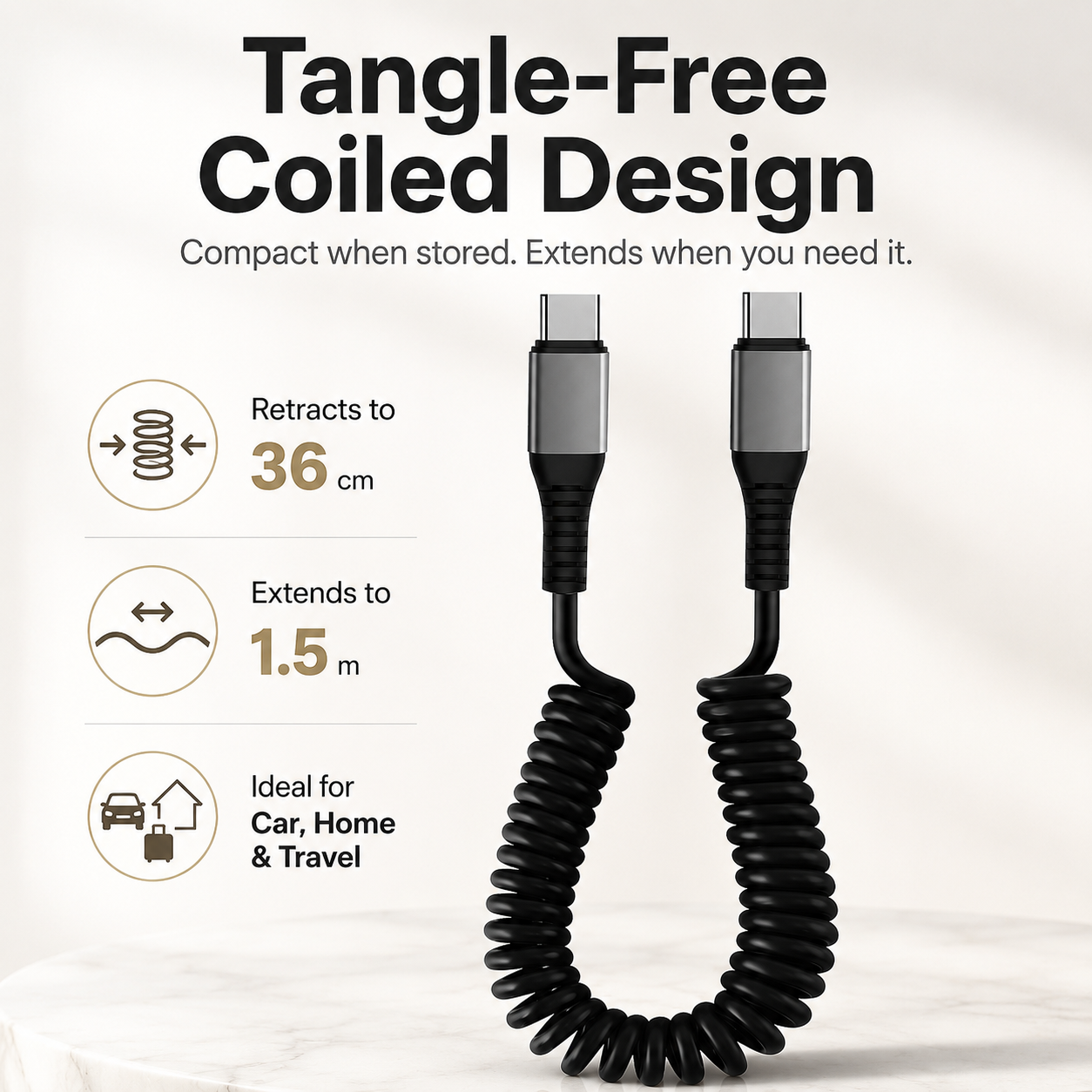 Tangle-Free Coiled Fast Charging Cable for Car & CarPlay